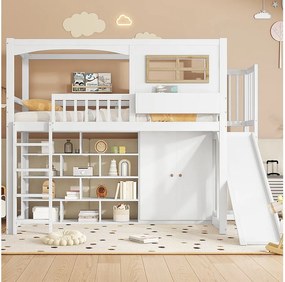 Łóżko piętrowe 90 x 200 cm ze zjeżdżalnią, szafą i regałem na książki - Sosna + MDF + sklejka - Stelaż listwowy - Biały