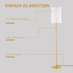 HOMCOM Lampa Stojąca, Elegancka Lampa Podłogowa ze Stali z Abażurem z Tkaniny, Lampa do Salonu, Przełącznik na Łańcuszku, Złoto+Biały