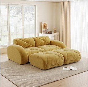 Canapé d'angle modulable en tissu chenille, 2 places, avec 2 pouf, 204x171x76cm, Jaune