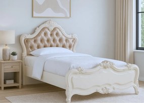 Łóżko z zagłówkiem w kształcie korony 120x200 cm Charme. Łóżko francuskie, zagłówek z kryształkami, rzeźbiony zanóżek, dekory w kształcie róży. Kolekcja La Perle.