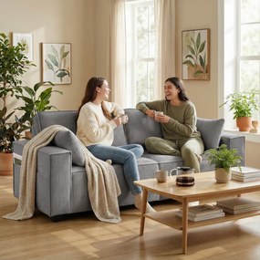 HOMCOM 218 cm 3-osobowa sofa, nowoczesna sofa w stylu sztruksowym z sprężynami kieszeniowymi, szerokimi podłokietnikami i 2 poduszkami, jasnoszara | Aosom PL