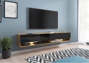 Nowoczesna szafka RTV 180 cm z LED – bezuchwytowa korpus dąb wotan fronty czarny połysk stojąca lub wisząca