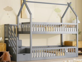 Łóżko piętrowe dla dzieci 90×200 cm - z drabiną bezpieczeństwa i 3 szufladami - szare (materac nie jest zawarty)