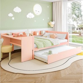 łóżko wysuwane - 140 x 200 cm + 90 x 190 cm - schowek + biurko - bez materaca - sosna + płyta wiórowa - różowy