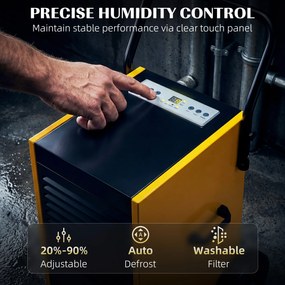 DURHAND Przemysłowy osuszacz powietrza 70L/dzień z kołami i uchwytem, wężem odpływowym, timerem 24-godzinnym, zbiornikiem 5,5L, żółty | Aosom PL