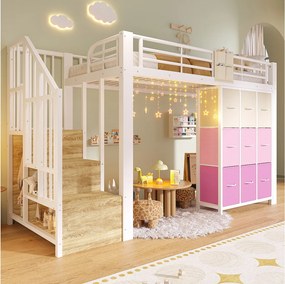 Łóżko piętrowe metalowe - 90 x 200 cm - z komodą 9-szufladową + szafą + schodami z miejscem do przechowywania - białe