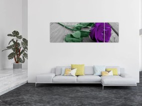 Obraz - Fioletowa róża z zieloną łodygą (170x50 cm)