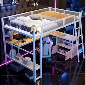 Łóżko piętrowe metalowe dla dzieci - 140 x 200 cm - ze zintegrowanym biurkiem + oświetlenie LED + schowek - białe