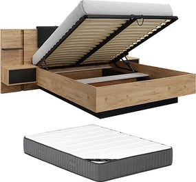 Łóżko ze skrzynią i szafkami nocnymi 160 x 200 cm - Z oświetleniem LED - Kolor: Naturalny i antracyt + Materac - ELYNIA