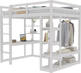 Łóżko mezzanine dziecięce 140x200cm - z drabinką - z biurkiem - z prostym wieszakiem - białe (materac nie wliczony)