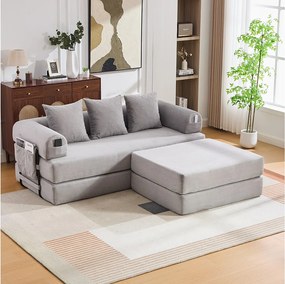 Sofa modułowa 3-osobowa - 200 x 190 x 67 cm - z 3 poduszkami + kieszeń boczna - sztruks - jasnoszary