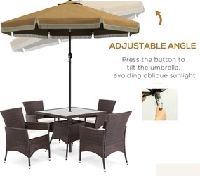 Outsunny Parasol z Ozdobnymi Frędzlami, Ø265 cm, Nachylany, Dwuczęściowy Metalowy Maszt, Wentylacja, Khaki/Czarny