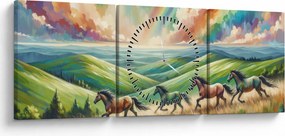 Obraz – Konie galopujące przez krajobraz (z zegarem) (90x30 cm)
