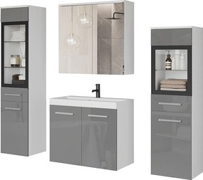 Meble łazienkowe z LED, zestaw wiszący do łazienki z umywalką, 2 słupkami i szafką lustrzaną, korpus biały mat, fronty szary połysk