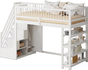 Łóżko piętrowe 90x200 cm - Łóżko dziecięce z szafą i półkami - białe drewno - materac nie jest wliczony w cenę