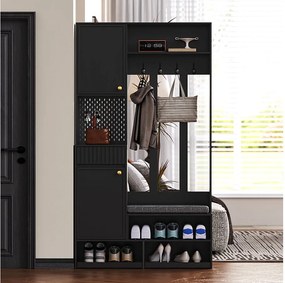 Zestaw szafek do przedpokoju - 100 x 35 x 180 cm - z ławką + 4 wieszaki + 2 drzwi + 1 szuflada - MDF - czarny