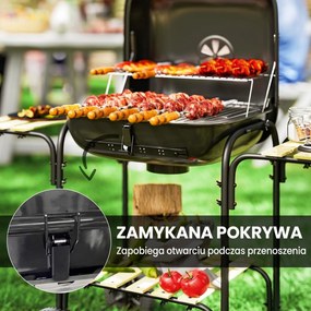 Outsunny Grill węglowy ze stali, przenośny, z zamykaną pokrywą, rusztem, kółkami i półkami, 98 x 54 x 91 cm, czarny | Aosom PL