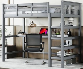 Łóżko mezzanine 90x200cm z drewna - z biurkiem i półką na przechowywanie - Szare