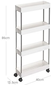 SongmicsHome Regał na kółkach SLIM, 4 poziomy, 13,5x40x86cm, biała
