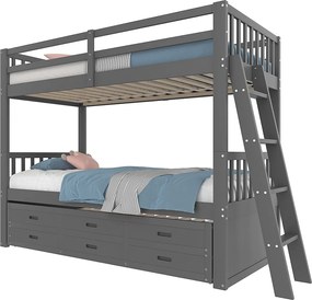 Łóżko piętrowe z łóżkiem wysuwanym dla dzieci, 3 miejsca - 2 x 90 x 200 cm - z 3 szufladami - sosna i płyta MDF - szare