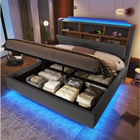 Łóżko tapicerowane hydrauliczne ze schowkiem - 140 x 200 cm - z diodami LED i USB - zagłówek ze schowkiem - len - szary