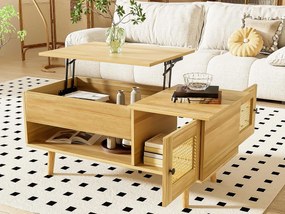 Stolik kawowy 103x50x46 cm - z podnoszonym blatem - z 2 drzwiami z rattanu - naturalny