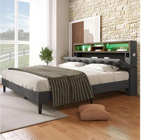 Łóżko dla dorosłych 140 x 200 cm – łóżko podwójne z zagłówkiem z funkcją ładowania USB i schowkiem – szare – bez materaca