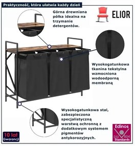 Czarny kosz na pranie z trzema przegrodami i z półką przydymiony dąb P7-W20