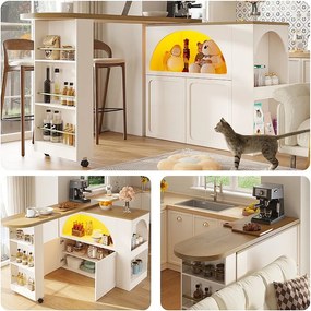 Rozkładany stół barowy z miejscem do przechowywania - 135-205 x 39 x 100 cm - mobilna wyspa kuchenna z diodami LED + 2 drzwi - MDF - biały