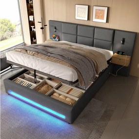 Łóżko z pojemnikiem 180x200 cm - z 2 stolikami nocnymi, LED i portami USB - ciemnoszary aksamit - materac nie jest wliczony w cenę