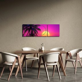 Obraz - Fioletowy zachód słońca z palmą (z zegarem) (90x30 cm)