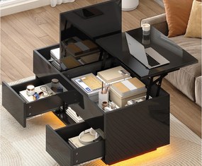 Podnoszony stolik kawowy 100x45x43 cm - Z 2 szufladami i oświetleniem LED - Błyszcząca powierzchnia - Płyta wiórowa - Czarny