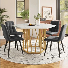 Zestaw stół i krzesła do jadalni - 115,5 x 100 x 75 cm - 1 stół sześciokątny ze złotymi nogami + 4 krzesła - MDF + Stal - złoty + szary