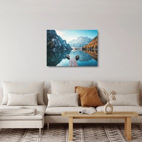 Obraz na szkle - Łodzie na jeziorze Braies (70x50 cm)