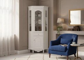 Witryna do salonu narożna biała Aria, wymiary 65x65x200 cm. Górna część przeszklona, dolna zamknięta. Witryna ma szafkę i szufladę. Angielski styl.