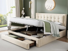 Łóżko tapicerowane 160x200cm z weluru - z szufladą i stelażem - Beżowe (bez materaca)