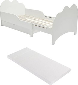 Łóżko rozsuwane 90 x 140/170/200 cm z szufladą – Sosna i MDF – Białe + Materac – TEONIA