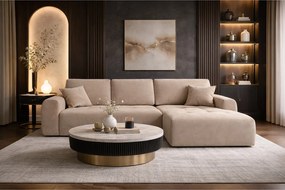 Narożnik w kształcie L z funkcją spania i pojemnikiem Ivo XL, tkanina welurowa Salvador, Beżowy, Prawy