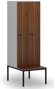 Drewniana szafa ubraniowa z ławką, 2-drzwiowa, 1871 x 600 x 500/800 mm, demontaż, zamek mechaniczny z kodem, szary/orzech