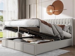 Łóżko z pojemnikiem 180 x 200 cm i zagłówkiem - materiał - stelaż z listew - szaro-białe