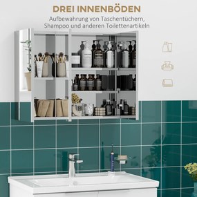 kleankin Szafka z lustrem, szafka łazienkowa, 3 drzwi lustrzane, 5 półek wewnętrznych, stal nierdzewna, Kolor: Srebrny, 70 x 12 x 55 cm