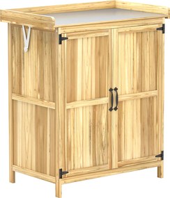 Outsunny Szafka Ogrodowa, Szafka na Narzędzia do Zewnętrznego Użytku, z Powierzchnią Pracy, Drewno i Stal Nierdzewna, Podwójne Drzwi, Drewno Naturalne