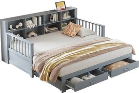 Łóżko kanapowe z drewna litego 90/180x190 cm - z nośnością - z miejscem do przechowywania - z 2 szufladami - stelaż na listwy - szary (materac nie jest w zestawie)