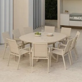 Zestaw 145-200x145 Cm Okrągły Stół Rozkładany Barces I 10 Krzeseł Ogrodowych Karena Aluminiowych Składanych Z Podłokietnikami Kremowa - Sklum