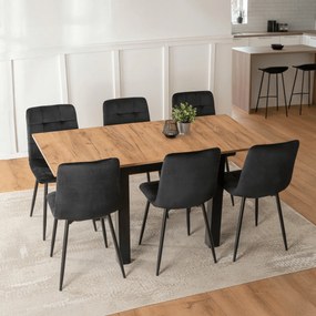 Zestaw Stół Kwadratowy Rozkładany MAX 80-160 cm Dąb Craft/Czarny i 6 Krzeseł PERU Czarnych Welurowych