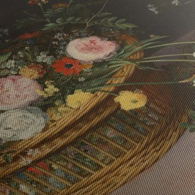 Obraz - Jan Brueghel the Elder, Flowers in a Basket and a Vase, reprodukcje (z zegarem) (90x30 cm)