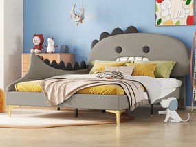 Łóżko tapicerowane 140 x 200 cm z zagłówkiem w kształcie dinozaura, skóra ekologiczna, stelaż z listew, Szare