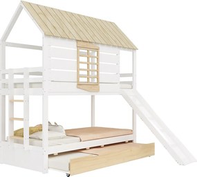 Łóżko piętrowe w kształcie domku - 2 x 90 x 200 cm - ze zjeżdżalnią + łóżko wysuwane 90 x 190 cm - MDF + drewno - kolor biały i naturalny