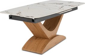 Zestaw Stół Rozkładany Ceramiczny ALICANTE 160-200 cm Biały Marmur/Dąb i 4 Krzesła Welurowe RODRI Beżowe