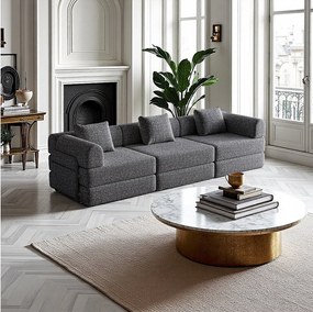 Sofa 3-osobowa, Sofa rozkładana z podłokietnikami i kieszeniami bocznymi, metalowa rama - Szary szenil